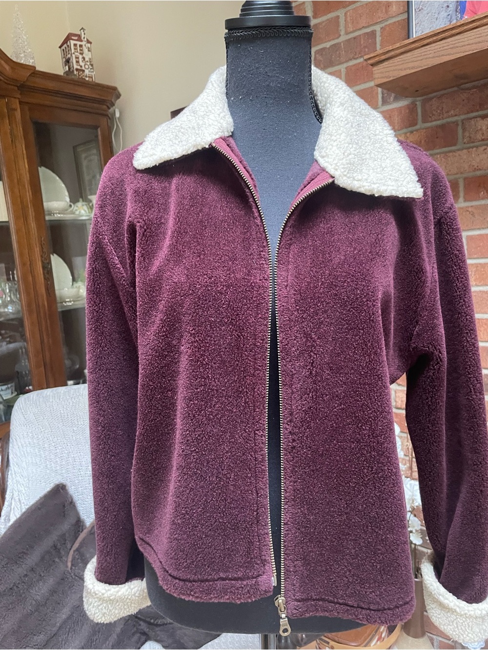Women's Burgundy Teddy Jacket with Cream Sherpa Collar